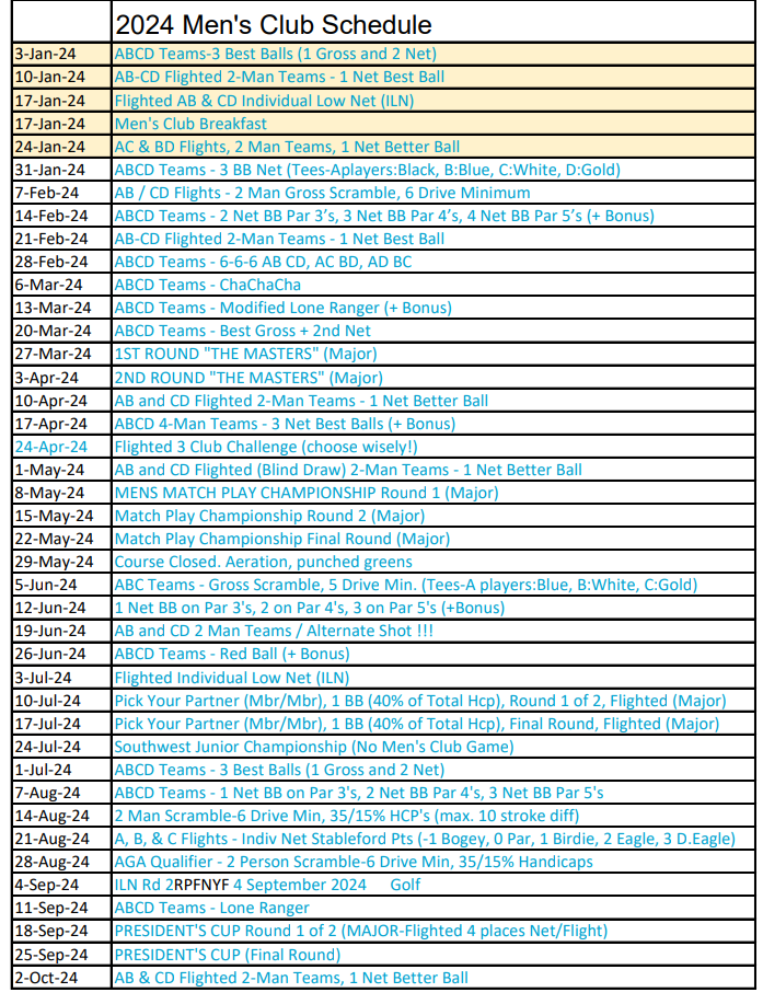 2024 Tournament Schedule - Oakcreek Country Club